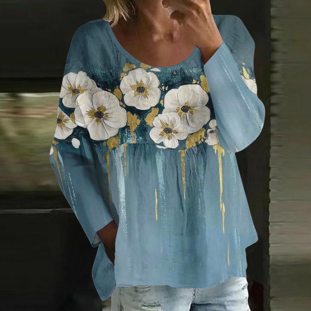 Damen Casual Mode Locker Rundhals Blumenmuster Langarm Oberteil