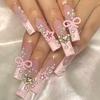Pink Cute Sweet Love Diamond Water Pipe French Pearl Bow Wearing Nail Patch Fake Nail Wholesale
