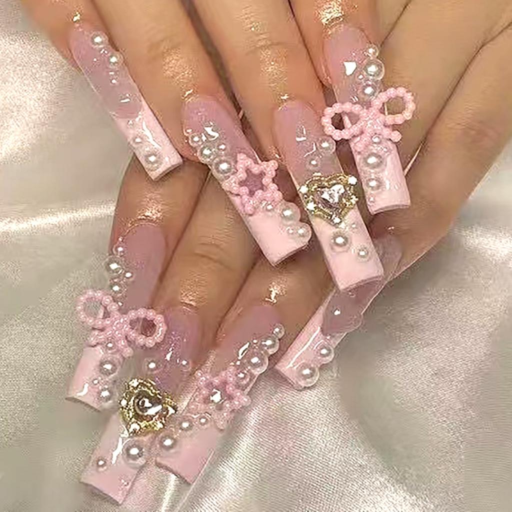 Pink Cute Sweet Love Diamond Water Pipe French Pearl Bow Wearing Nail Patch Fake Nail Wholesale