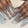 24PCS Blue Glitter 3D Big Blue Rhinestone Crystal French Press On Nails Edge Handmade Long Square False Nails Luxury Nail Tips