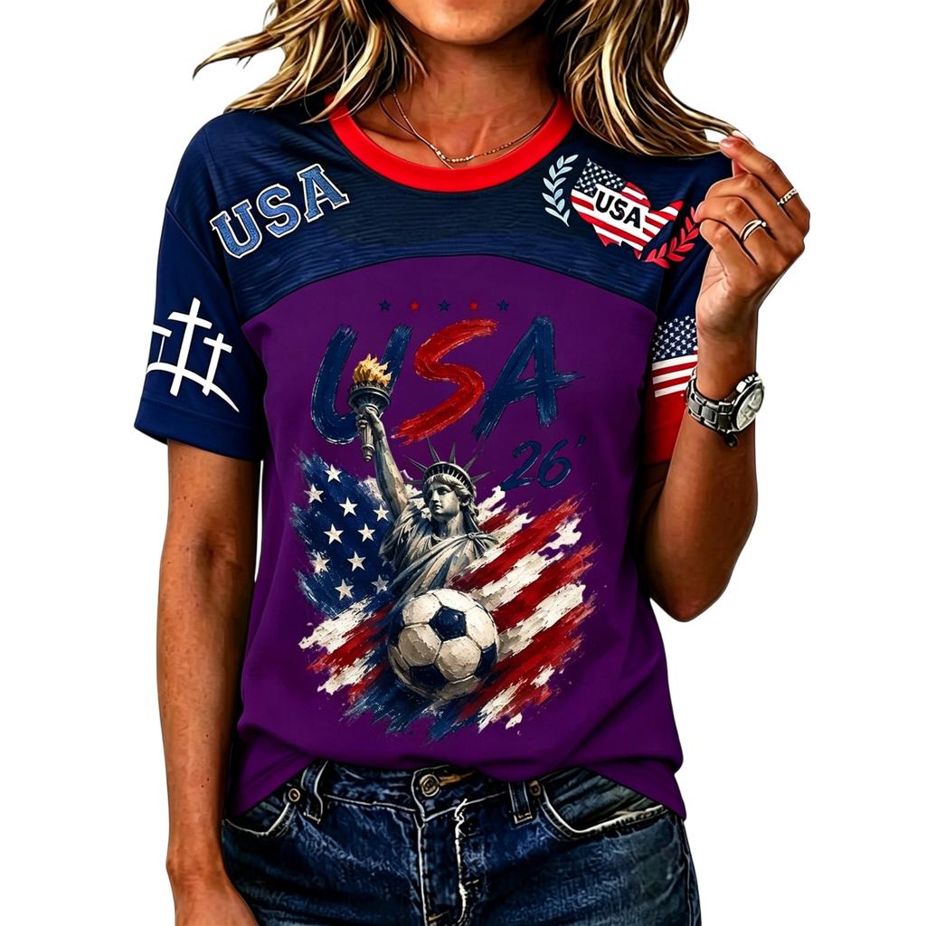 Women’s Casual Short Sleeve Pullover Crewneck Top with Soccer Graphic and USA Letter Print for Everyday Wear