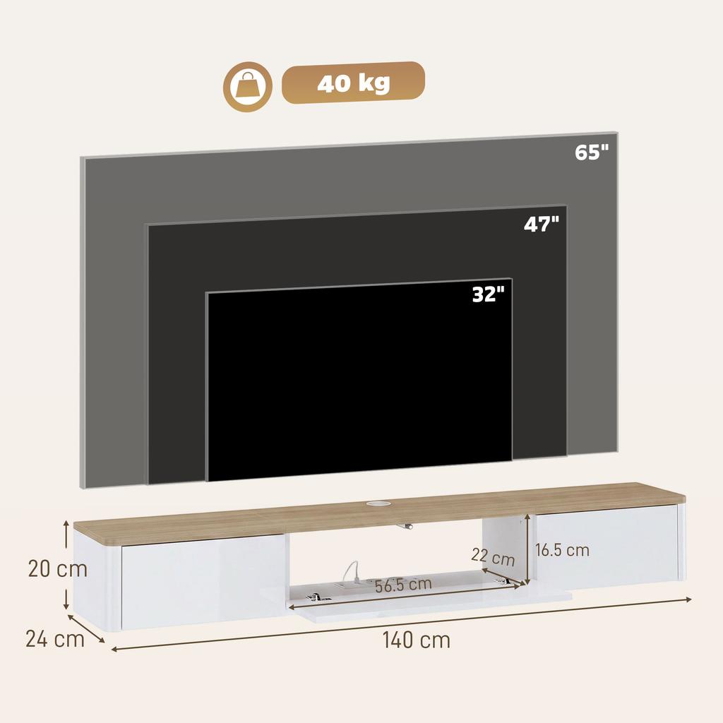 Supporto TV da parete per TV da 65", 2 cassetti, Luci LED RGB, Prese di corrente, Bianco e Legno