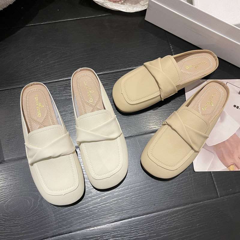 One pedal soft leather bag head half drag women's shoes summer pregnant women wear lazy shoes soft sole non-slip Doudou casual shoes