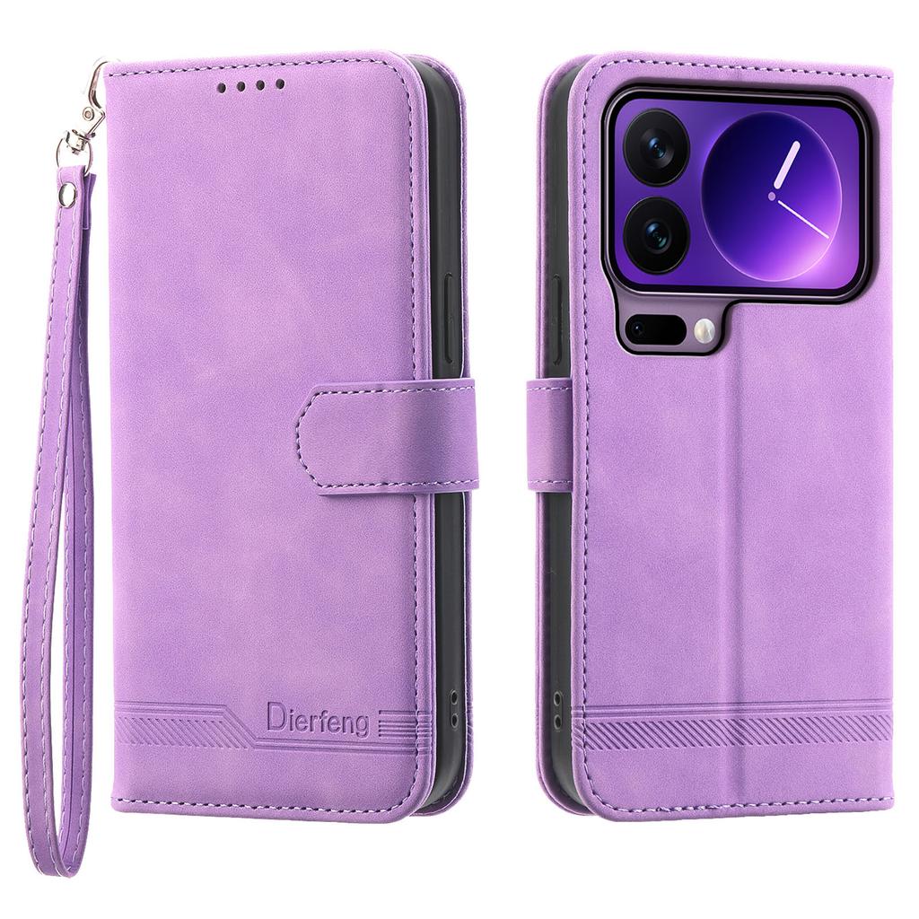 DIERFENG DF-03 For Xiaomi 17 Pro Case Lines Imprint Wallet Leather Phone Cover with Wrist Strap