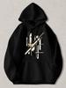 Black Pullover Hoodie with Abstract Geometric Line Art Print White and Yellow Graphic Design Casual Streetwear Sweatshirt for Dail