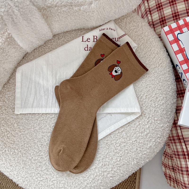 

Мультяшные носки с щенками, Женские весенне-осенние забавные носки до середины икры, Ребристые цветные махровые носки, Бесшовные 1 pair кофейный
