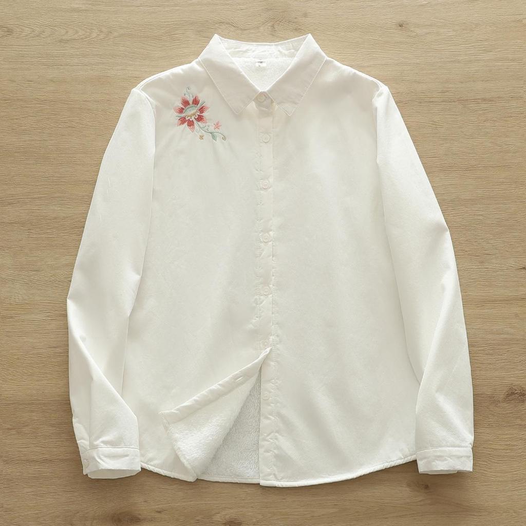 2025 Autumn/Winter Women's Sweet Embroidery Pomegranate Flower Long Sleeve Plus Velvet Full Cotton Warm Shirt
