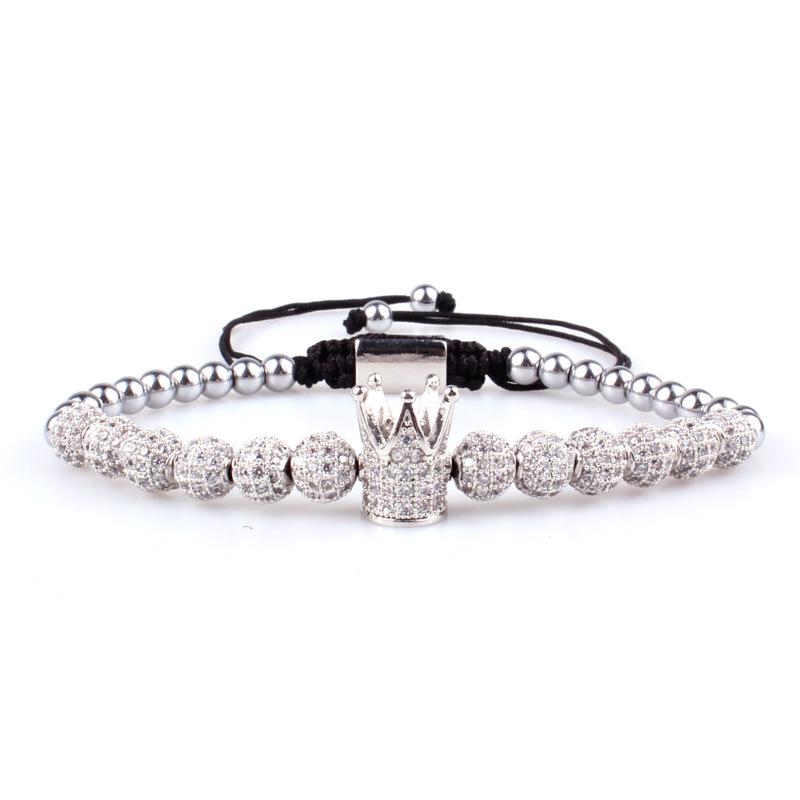 Stylish Micro-inlaid Zircon Punk CZ Ball Crown Woven Bracelet