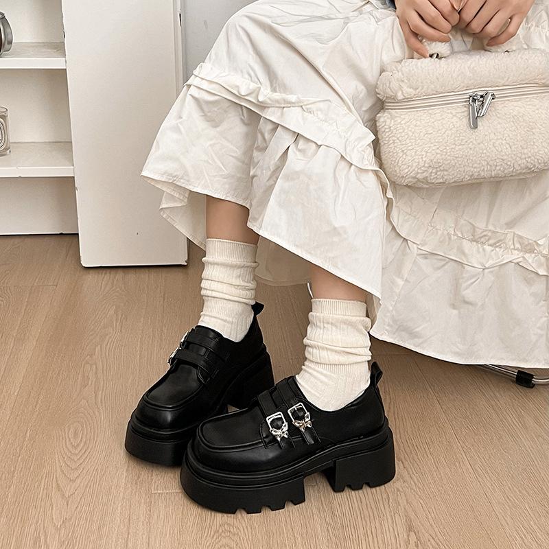 Coarse heel platform loafers women's spring and autumn 2025 new one-pedal black single shoes with skirts, small leather shoes tide