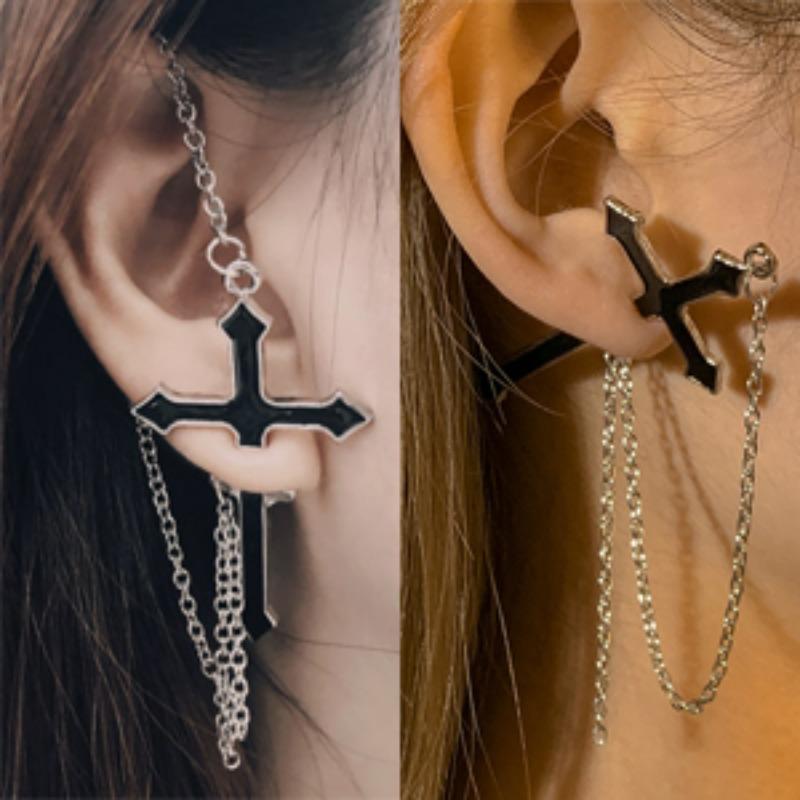 2pcs 2026 Punk Gothic Cross Earrings Men Women Metal Long Chain Tassels Piercing Jewelry Black Cross Ear Studs Gifts Accessories