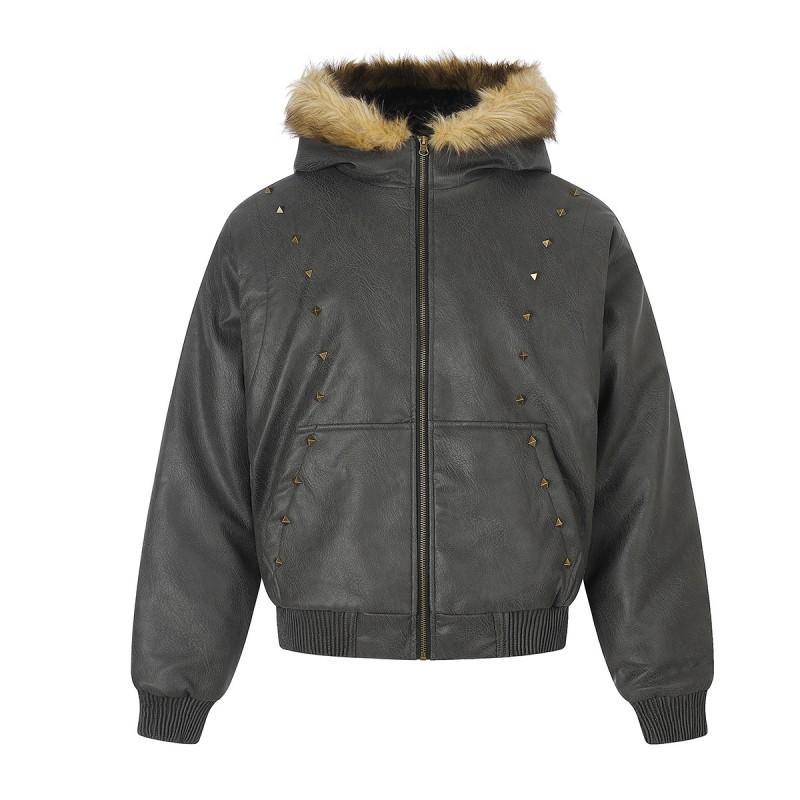 Magic Bear Vintage Faux Fur Collar Padded Biker Jacket Loose Fit Winter Coat Teens