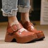 Johnature Genuine Leather Thick Soled Shoes Retro Versatile Buckle Strap Thick High Heels Women's Shoes