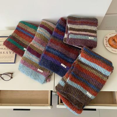 Retro Contrast Color Striped Scarf Wool Knitting Scarf For Women Autumn Winter Warm Cold-Proof Scarf Versatile Student Muffler