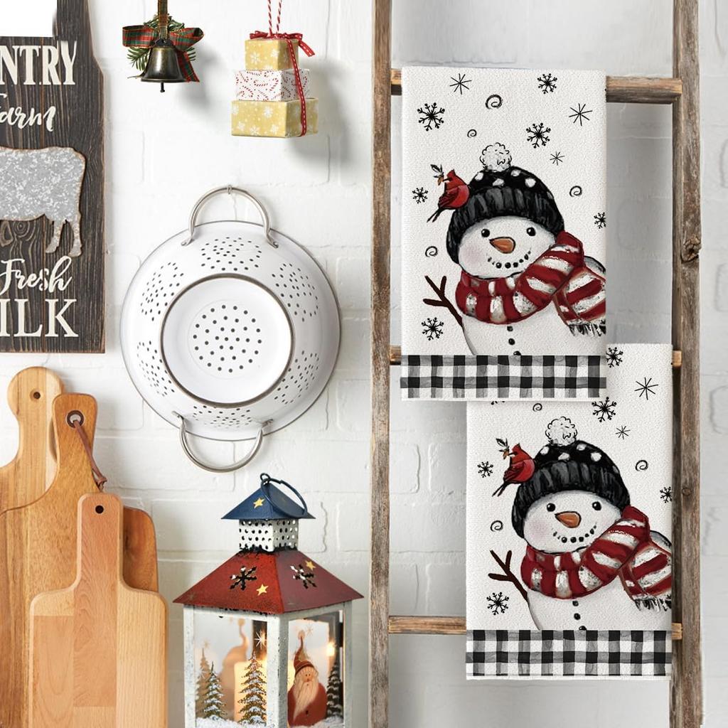 Artoid Mode Red Black Buffalo Plaid Bird Snowman Winter Kitchen Towels Dish Towels, 18x26 Inch Farmhouse Snowflakes Decoration Cleaning Set of 2