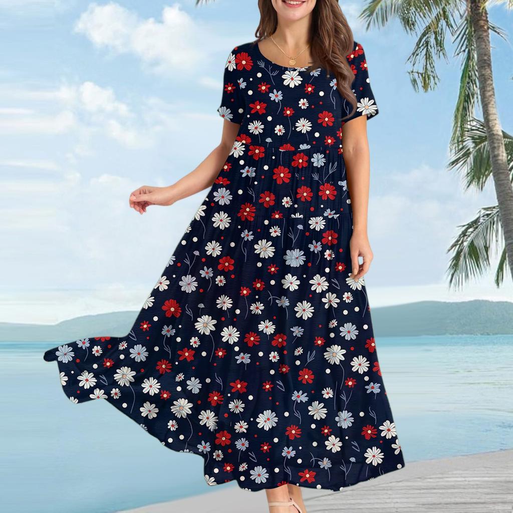 Damen Lässiges Lockeres Böhmisches Kleid mit Blumenmuster und Kurzen Ärmeln