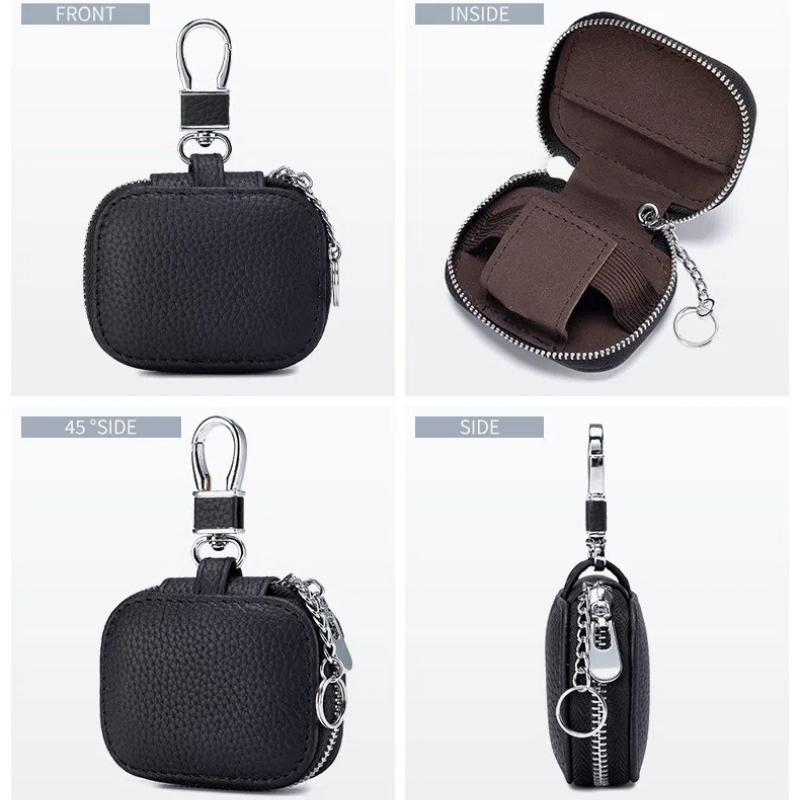 Estuche protector de cuero genuino de color sólido con cremallera cuadrada pequeña para auriculares y llaves Estuche protector de cuero de vaca Estuche para auriculares Bluetooth