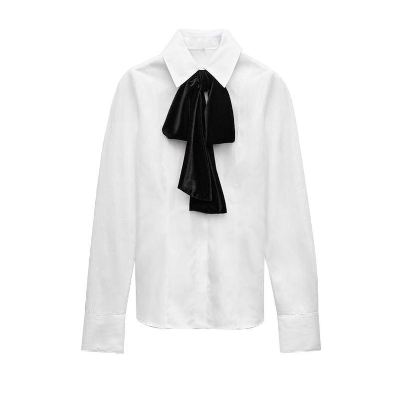 

Fall and Winter New Women s Clothing French Lapel Long Sleeves Velvet Bowknot Decoration Work Clothing Shirt 4043126 White L