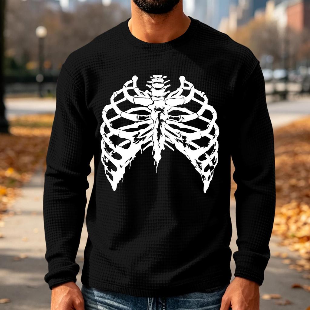 Men's Knit Long Sleeve Neck T-Shirt with Halloween Print Casual Top