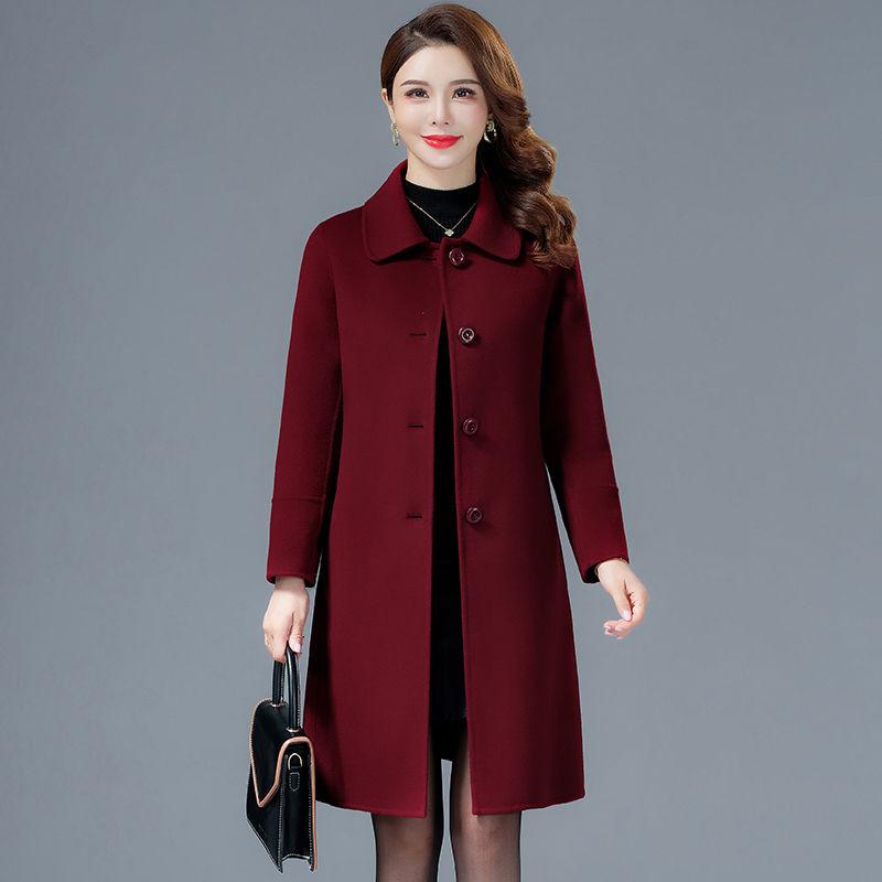 

Пальто из смесовой шерсти цвета марсала двустороннее - Женское средней длины приталенного силуэта для осени и зимы 90-100 jin: M