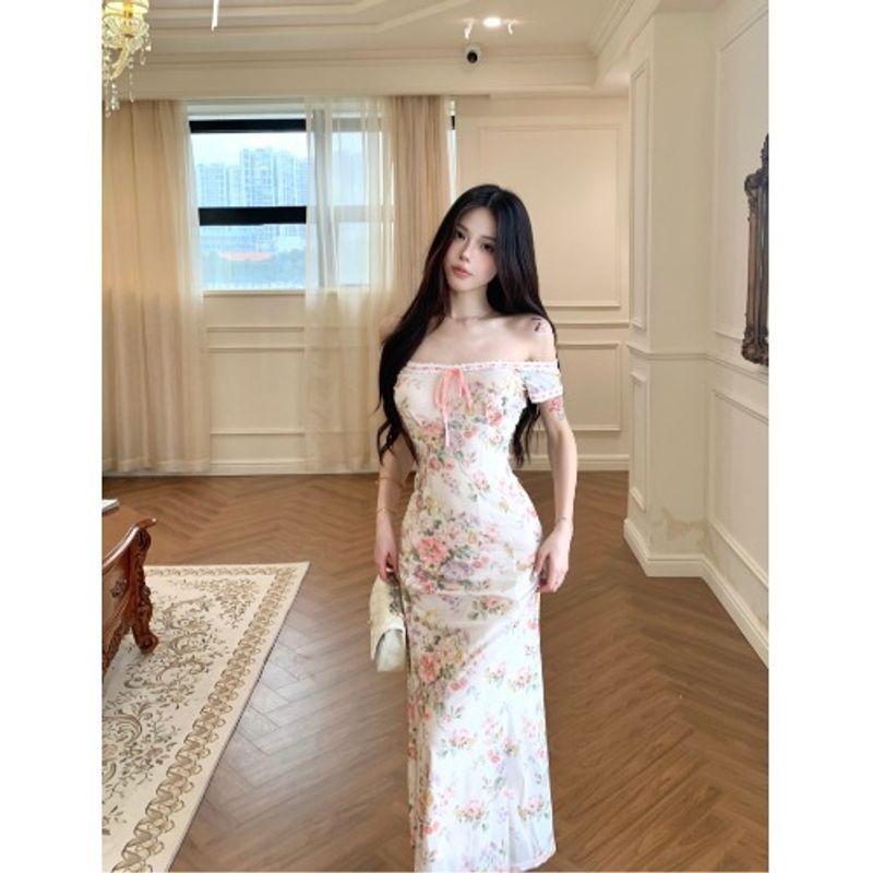 

Kumikumi Gyaru Style Bow Lace-up off-Shoulder Dress Women Summer Waist Hugging Slimming Print Fishtail Skirt Dress L