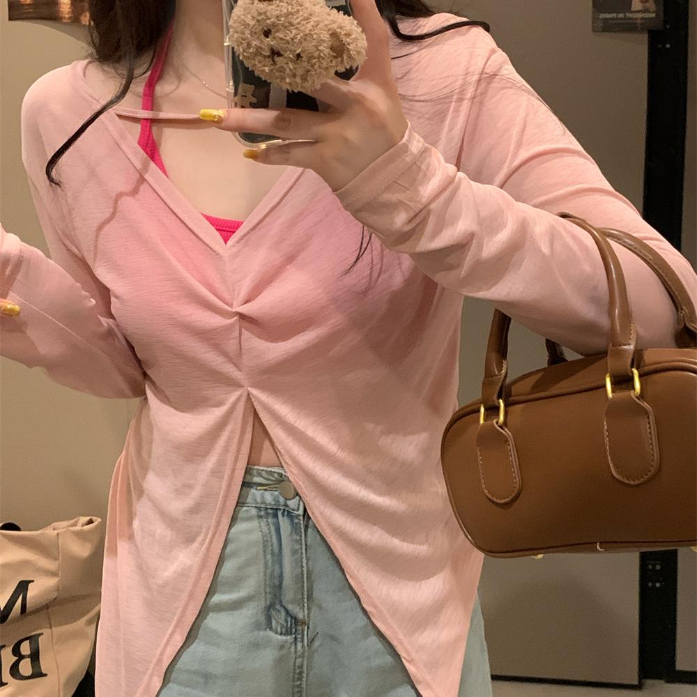 2025 spring Summer V-neck Sunscreen Thin Lazy Loose Long Sleeve T-shirts casual loose solid perspective Front and Back Double Top for Women t shirt