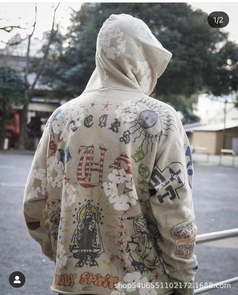 2024 Unisex Vintage Ripped Hoodie with Graffiti Print – Loose Fit, Autumn/Winter Trendy