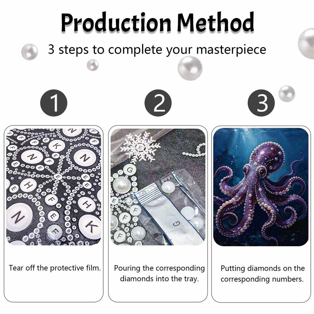 DIY Framed Pearl Painting Kit Purple Octopus Pattern Sparkling Bead Canvas Art for Living Room Decoration Wall Decor Handcraft Gift 14 inch Frame