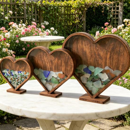 Holz-Herzförmige Muschelglas-Displaybox Küsten-Displayrahmen für Muscheln Sand Strandurlaub Tischdekoration Andenken Geschenk für Strandliebhaber