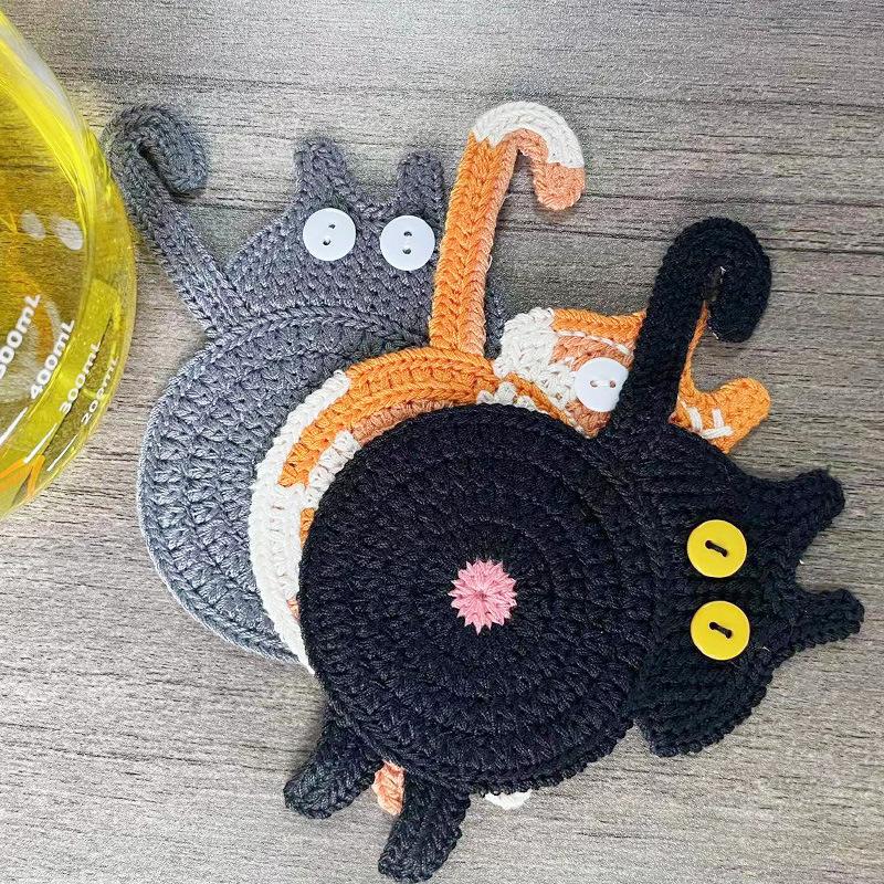 1pc Cat butt coaster knitted coaster, making your dining table more beautiful Knitted coasters Home dining table supplies