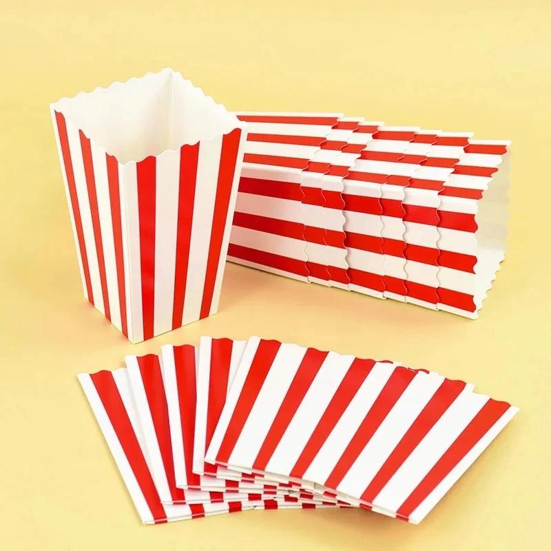 20Pcs Popcorn Paper Boxes Buckets Red White Stripes Bags Snack Containers For Movie Night Birthdays Carnival Party Supplies
