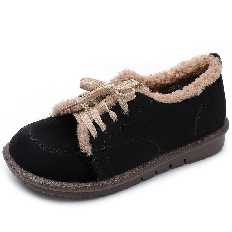 Fashion GKTINOO Loafers Winter Women Cow Suede Leather Round Toe Lace-up Warm Comfort Soft Sole Ladies Flat Fur Shoes Big size 43