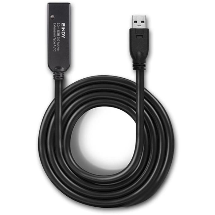 Rallonge USB 3.0 - LINDY - 10m - Type A Vers C - PVC Faible Toxicité - Plaqué or