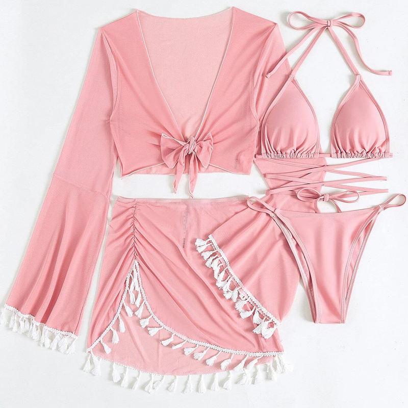 Swimsuit Women's Split Three Four Piece Set Solid Color Tassel Lace Up Long Sleeve Bikini Suits EMA