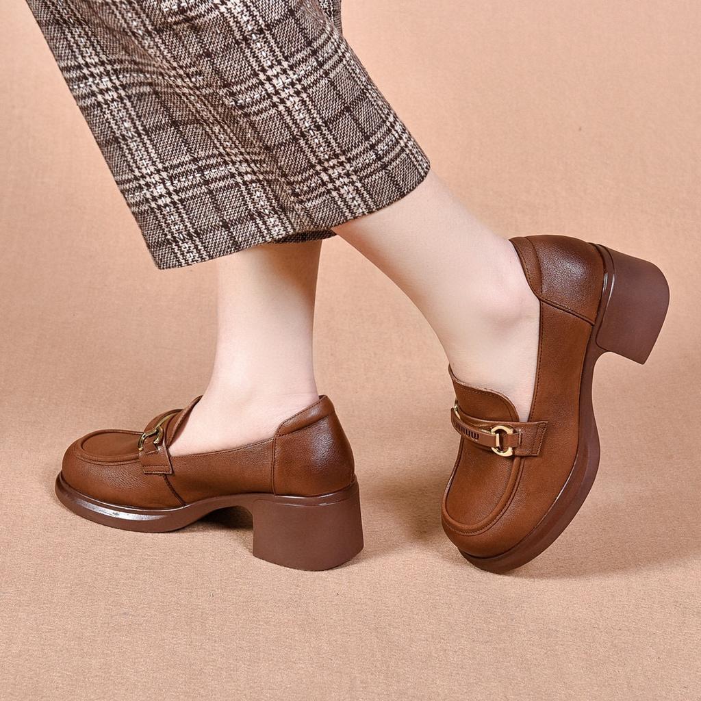Round Head High-heeled Women's Shoes Spring New First-layer Cowhide Waterproof Platform Thick-soled Single Shoes Women's Small Leather Shoes