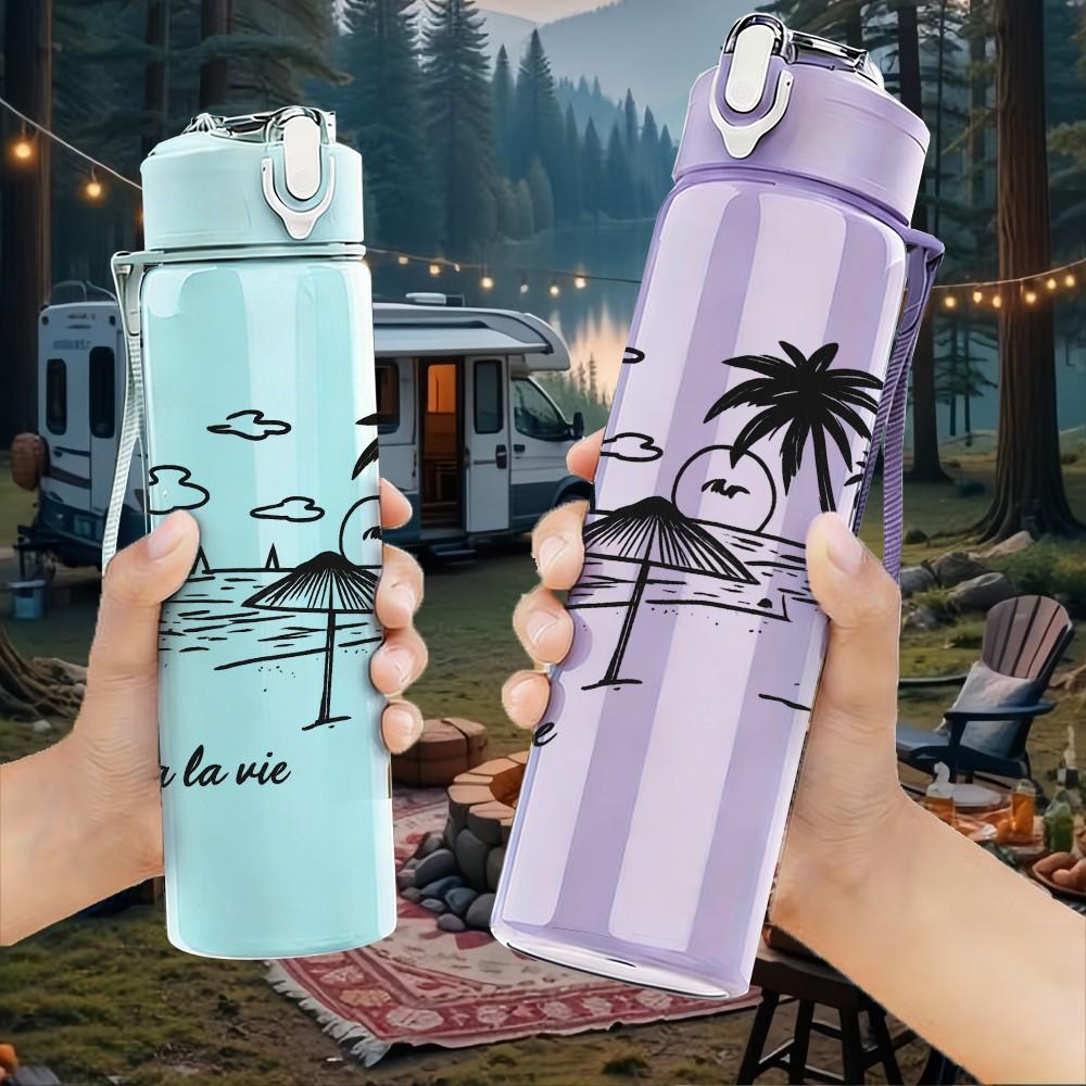1PC Palm Tree Beach Sketch Art 750ml Color Plastic Sports Water Bottle Leakproof Flip Straw Lid Suitable for Sports Office Home Use