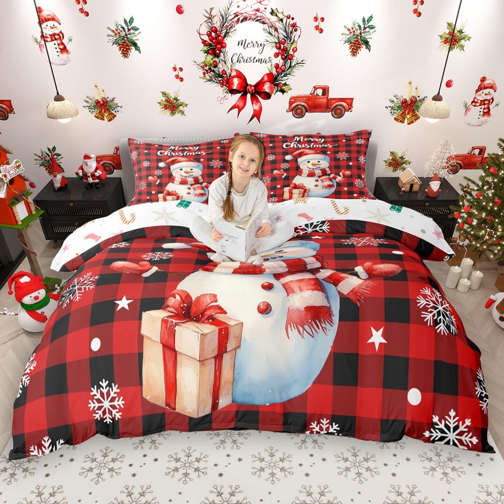 Homewish Cartoon Snowman Duvet Cover Set for Kids 2pcs/3pcs, Christmas Bedding Set for Girls Boys, Xmas Tree Farm Truck Bed Set