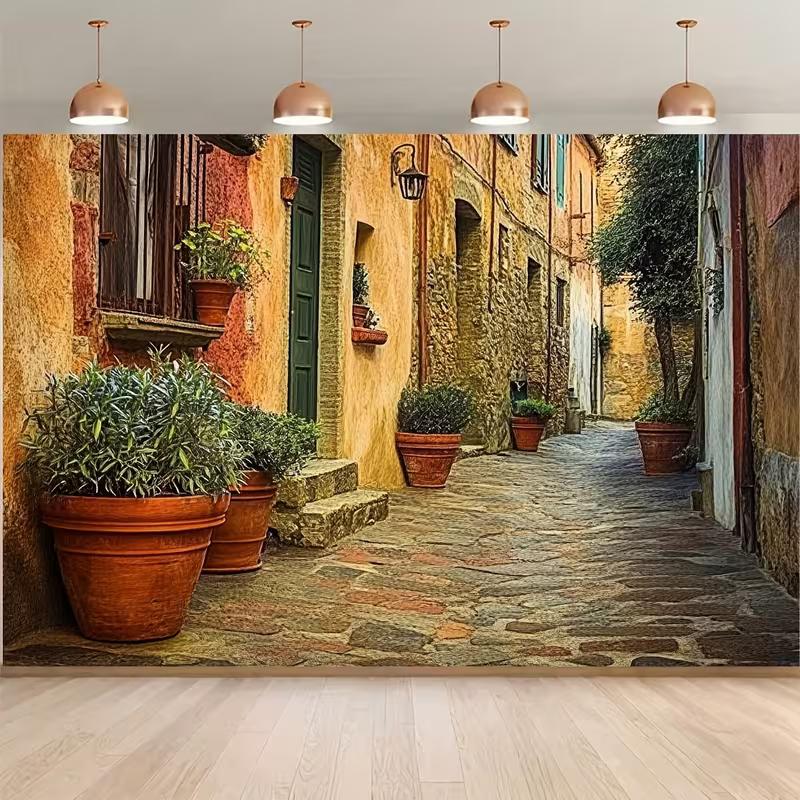2D Flat Printing European Village Alley Backdrop Italy Tuscan Stone Houses Background 47.2x31.5inch/120*80cm