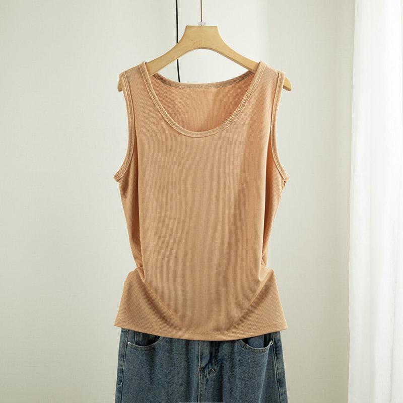 Women's Plus Size Ice Silk Ribbed Sleeveless Tank Top with Wide Shoulders, Round Neck, Ideal for Summer Outerwear or Innerwear.
