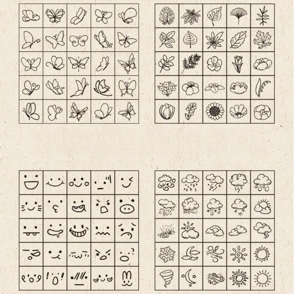 25pcs Butterfly Flower Themed Stamps Set Cute Expressions Weather Wood Rubber Stamp Cartoon DIY Craft Mini Wooden Stamps