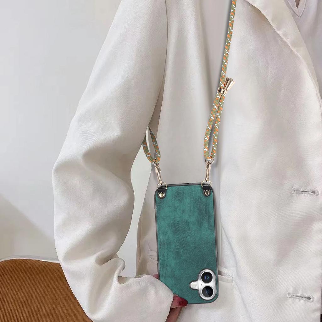 For iPhone 16 Plus Case Retro Texture Leather Coated PC+TPU Phone Cover with Hanging Rope