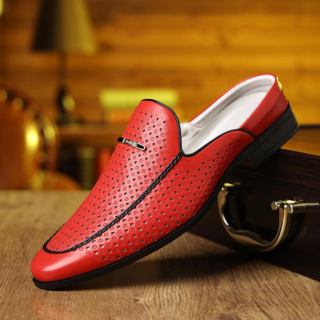 New Men's Blue Yellow Red Half Slippers Leather Shoes Male Casual Mules Moccasins Breathable Loafers Zapatos Hombre