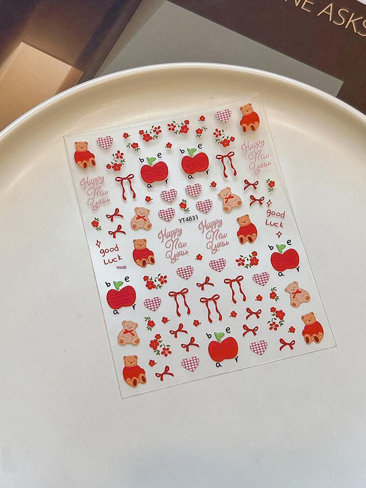 

YITU YT4831 Embossed Nail Stickers: Bear, Heart, Bow & Flower Designs