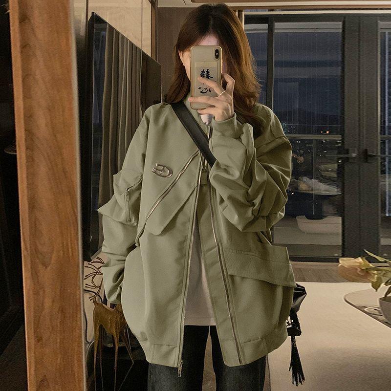 Women's Loose Irregular Flight Jacket - American High Street Style, Spring & Autumn Neutral Workwear Baseball Jacket.