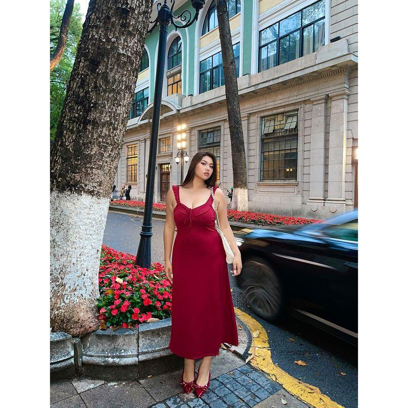 

Brother Nan Chubby Sexy Frill Sling Dress Summer Plus size Pure Desire Slim fit Slimming Red Vacation Skirts Red 4XL