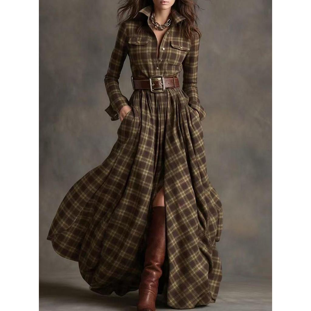 Französische Retro Karodruck Schlitz Lange Kleider Frau Elegant Umlegekragen Knopf Maxi Kleid Herbst Langarm Tasche Boho Kleid