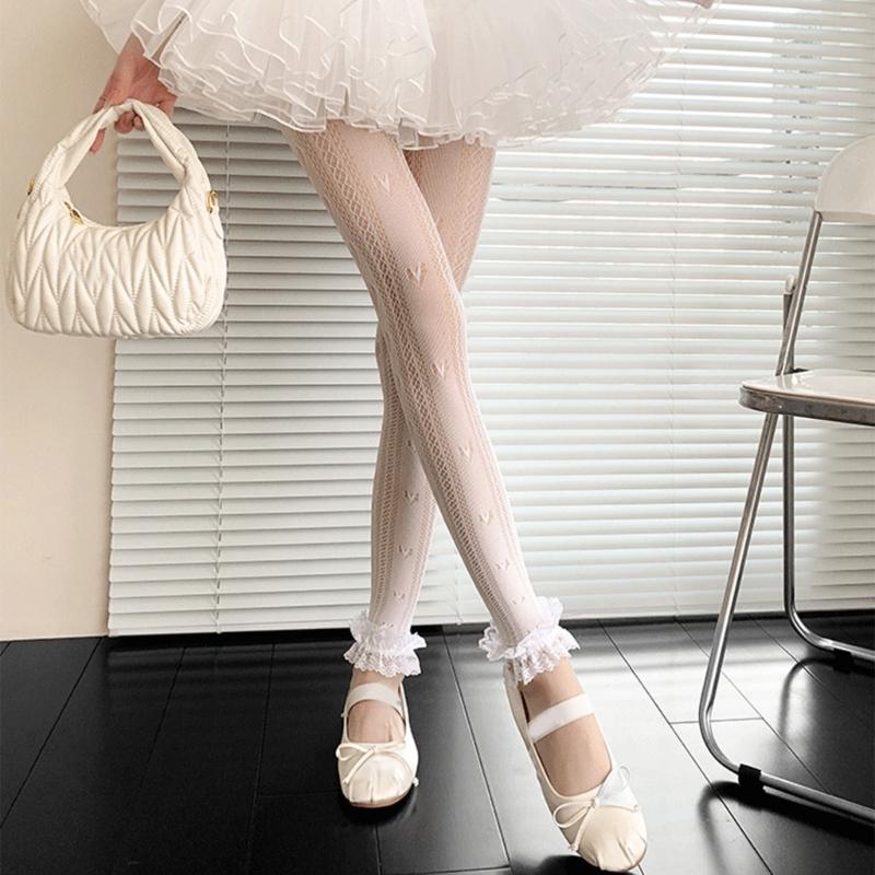 Women Hollowout Heart Pattern Fishnet Tights No Toes Pantyhose High Waist Footless Ruffle Lace Trim Leggings Stockings