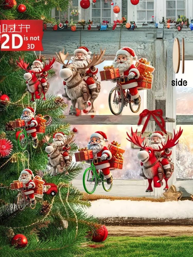 8pcs Christmas Wooden Bicycle Santa Claus 2D Flat Wooden Pendant Christmas Tree Decoration Perfect Holiday Gift Decor