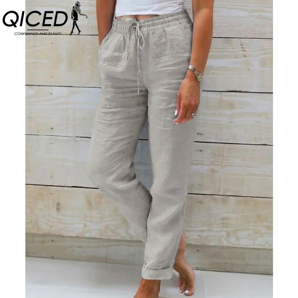 QICED Women's Summer Wide Leg Elastic Waist Trousers Nine Points