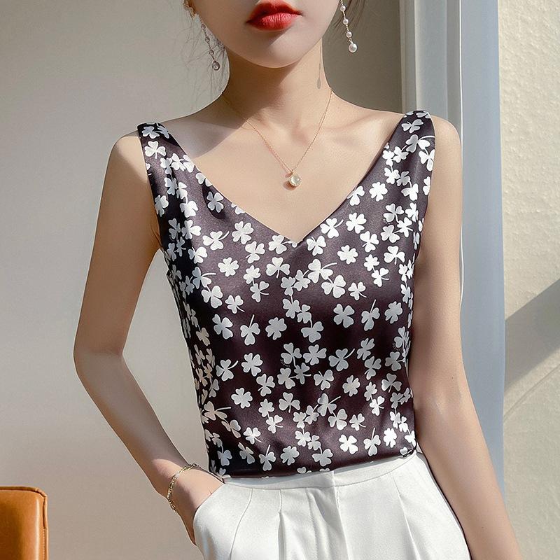 

Принтованный атласный жилет на бретелях с коротким рукавом, летний новый топ с V-образным вырезом, свободный, для ношения под пиджак XXXL