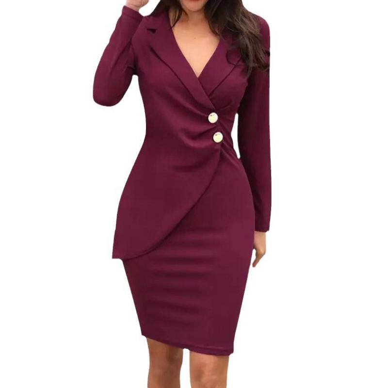 2026 New V-Neck Office Bodycon Dress, Long Sleeve Button Front Pencil Dress for Work, Chic Professional Midi Dress